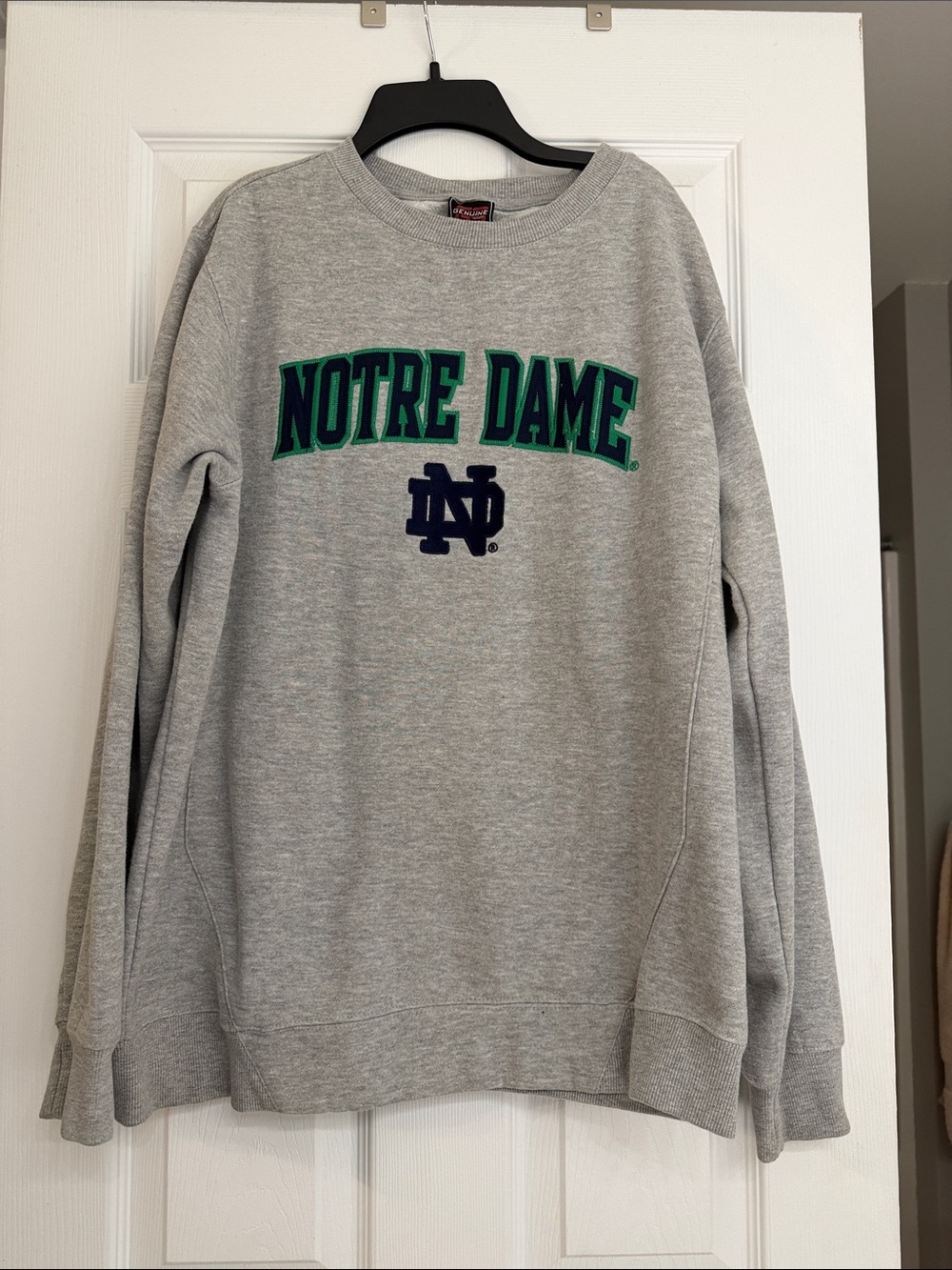 Notre Dame Gray Crewneck Sweatshirt with Green and Navy Logo